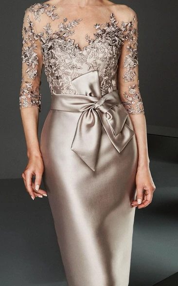 Bateau Neck Knee Length Satin Lace Appliqued Mother Of the Bride/Groom Dress with Sash and Bow
