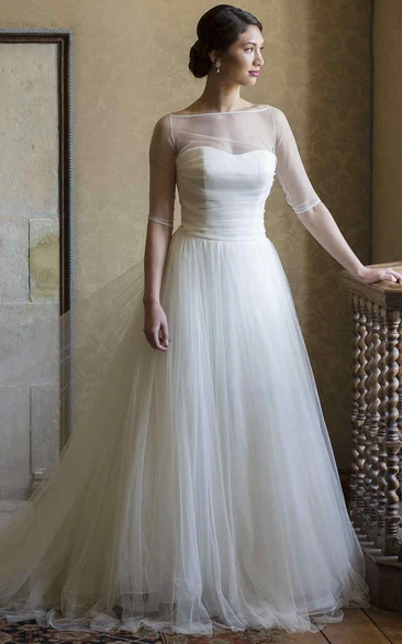 A-line Bateau Half Sleeve Floor-length Tulle Wedding Dress with Illusion and Ruching