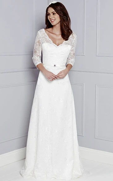 Sheath V-neck 3/4 Length Sleeve Floor-length Lace Wedding Dress with Low-V Back and Appliques