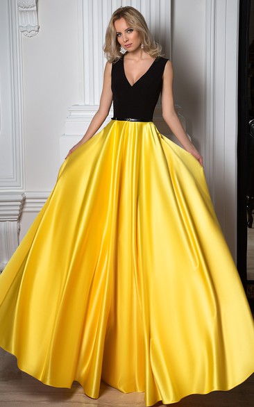 A-line V-neck Sleeveless Floor-length Satin Prom Dress with Sash and Ruching