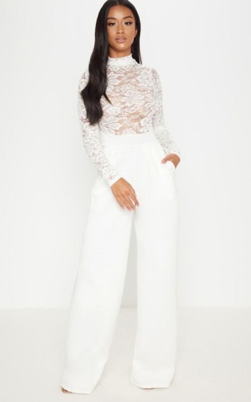 High Neck Lace Illusion Top Empire Chiffon Bridal Jumpsuit with Pockets