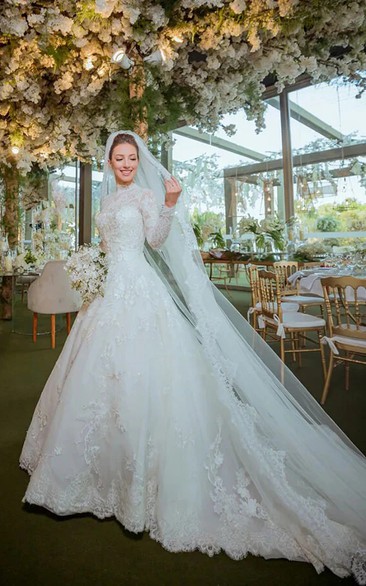 Modest Long Sleeve Ball Gown Lace High-neck Wedding Dress