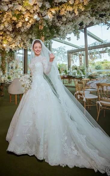 Modest Long Sleeve Ball Gown Lace High-neck Wedding Dress