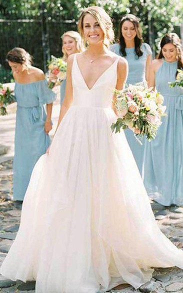Modern Sleeveless A Line Ball Gown V-neck Tulle Satin Floor-length Wedding Dress