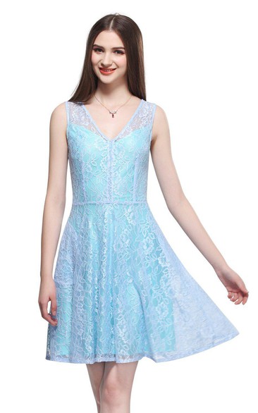 A-Line Lace V-Neckline Sleeveless Short Dress