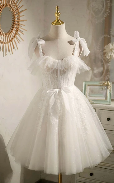 White Illusion Ethereal Empire Short A-line Tulle Wedding Dress with Bows