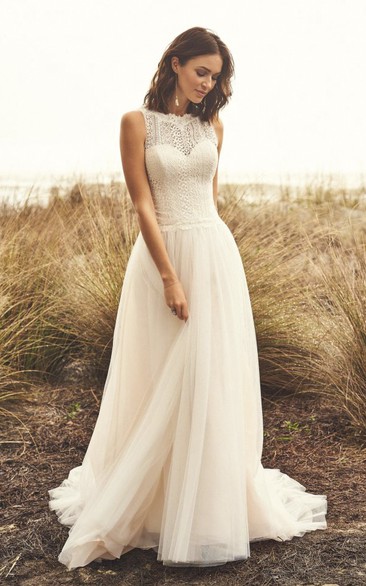 Sleeveless Jewel Neckline Lace Tulle Wedding Dress With Illusion Button Back And Court Train