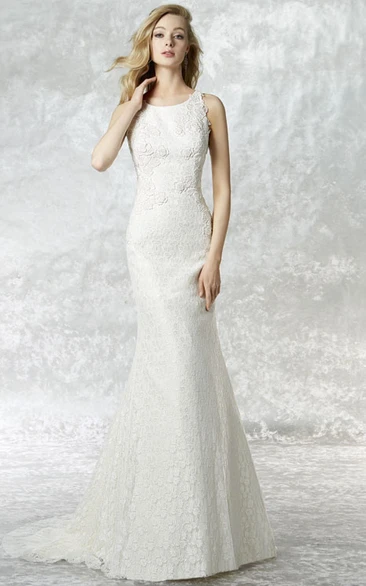 Sheath Scoop Sleeveless Floor-length lace Wedding Dress with Illusion and Court Train