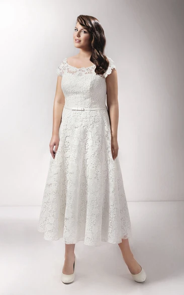 Scoop-neck Short Sleeve Lace Tea-length Wedding Dress With Appliques And Corset Back