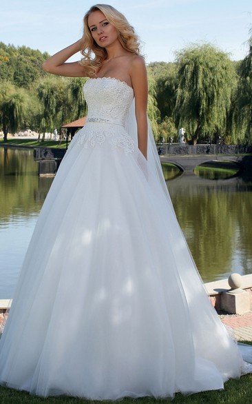 Ball Gown Straight Across Sleeveless Floor-length Tulle Wedding Dress with Corset Back and Waist Jewellery