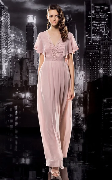 A Line V-neck Short Sleeve Ankle-length Chiffon Prom Dress with Illusion and Appliques/Pleats