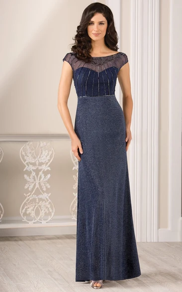 Sheath Bateau Short Sleeve Floor-length Sequins Mother Of The Bride Dress with Low-V Back and Beading