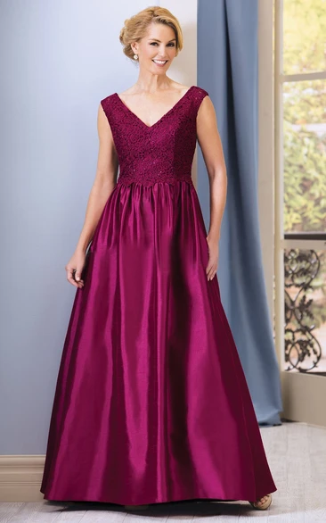 A-line V-neck Sleeveless Floor-length Satin Mother Of The Bride Dress with Appliques