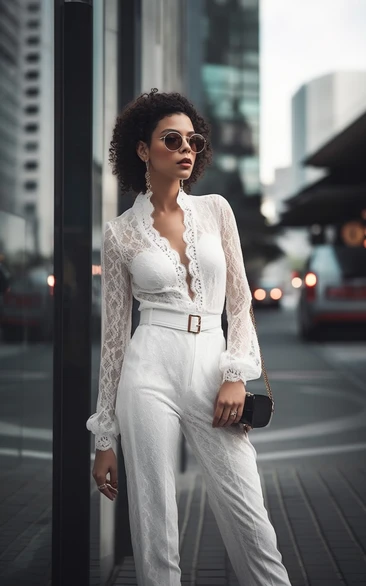 Lace Long Sleeeves Plunging Deep V Neck Bridal Jumpsuit