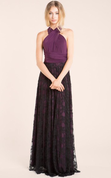 Haltered Sleeveless Pleated Floor-length Lace Dress With bow