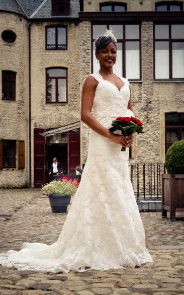 Lace Keyhole Back Bridal Floor-Length Long V-Neckline Dress