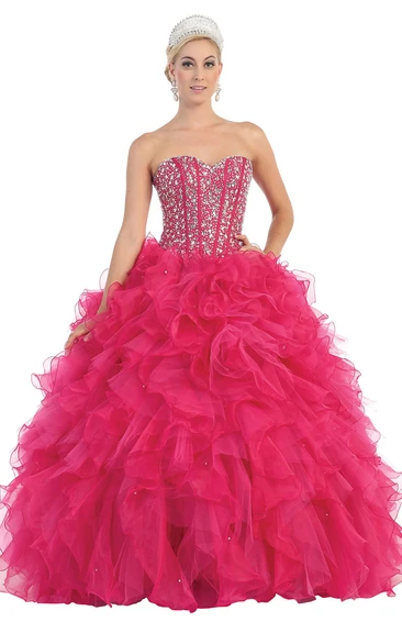 Sweetheart Cascading Ruffled Jeweled Strapless Organza Lace-Up Ball Gown