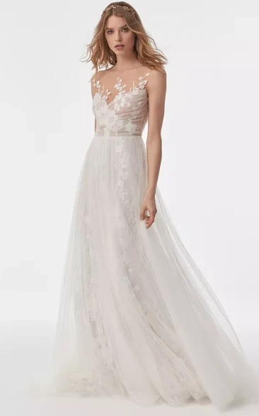 Sleeveless Tulle Criss-cross Lace Tulle Pleated Wedding Dress with Low-v Back