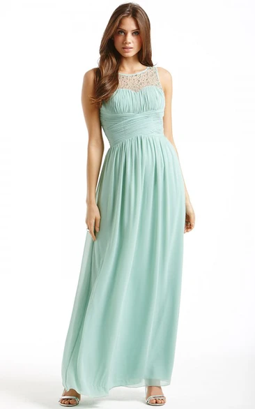 A Line Bateau Sleeveless Ankle-length Chiffon Bridesmaid Dress with Ruching and Criss Cross