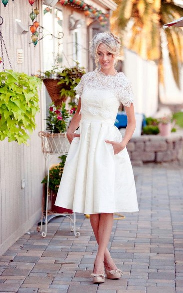 Bridal Lace Button Back Short-Sleeve Scalloped Dress