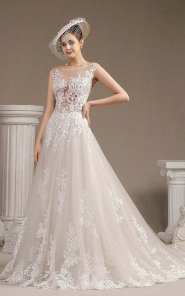 Illusion Top Cap Sleeve Ballgown Wedding Dress With Lace Appliques And Button Back