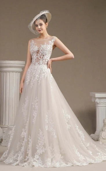 Illusion Top Cap Sleeve Ballgown Wedding Dress With Lace Appliques And Button Back