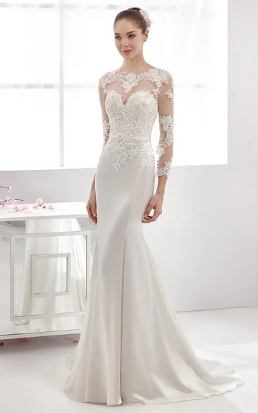 Sheath Illusion Long Sleeve Satin Lace Dress With Appliques