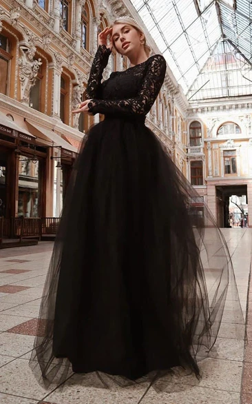 Gothic Black Jewel Neck Long Sleeve A-Line Tulle Wedding Dress with Open Back