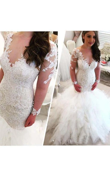 V-neck Lace Tulle Illusion Long Sleeve Wedding Dress