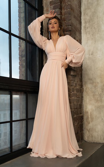 Chiffon Ruched Empire Puff Long Sleeve Floor-length Dress