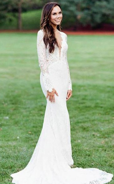 Lace Plunged Sheath Keyhole Back Elegant Summer Wedding Dress