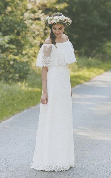 country style Off-the-shoulder Lace Floor-length Wedding Dress