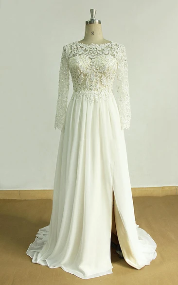Bateau Lace Long Sleeve A-line Split Front Wedding Dress With Appliques And Deep-V Back