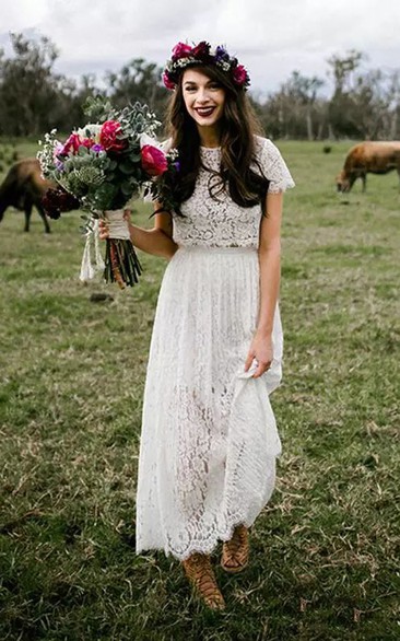 Simple Jewel Short Sleeve Lace A-Line Sheath Wedding Dress