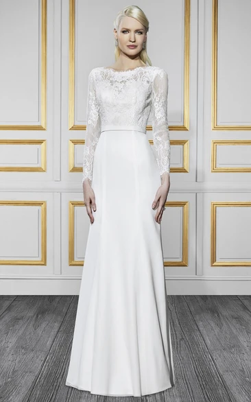 Bateau Illusion Long Sleeve Lace Wedding Dress With Deep-V Back