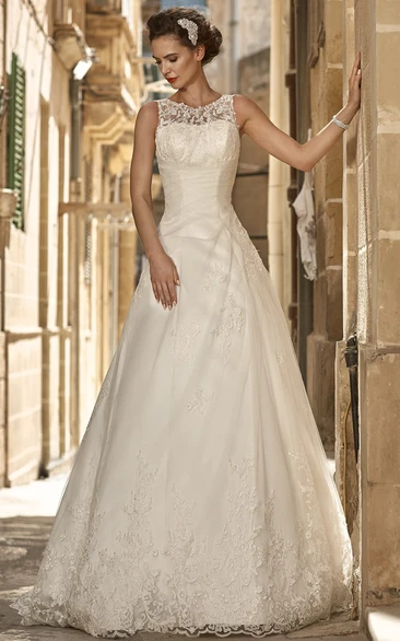 A-line Scoop Sleeveless Floor-length Satin/Lace Wedding Dress with Illusion and Buttons
