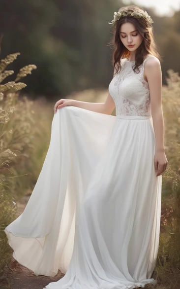 Sleeveless Scoop-neck Lace Boho Chiffon Casual Wedding Dress