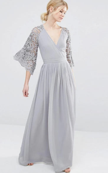 Plunged Chiffon long Dress With Lace bell-sleeve And Pleats 