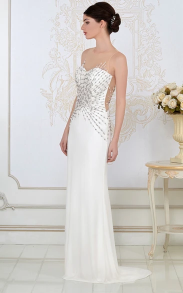 Sheath Scoop Sleeveless Floor-length Jersey Formal Dress with Illusion and Beading