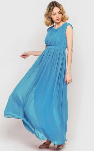 Scoop-neck Cap-sleeve Pleated Ankle-length Dress With bow