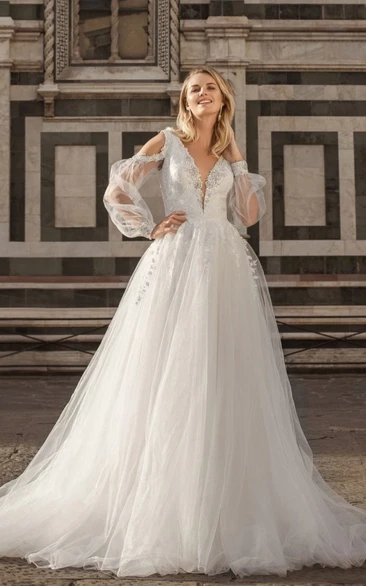 Plunged Tulle Long Sleeve Puff A-line Ball Gown Applique Wedding Dress