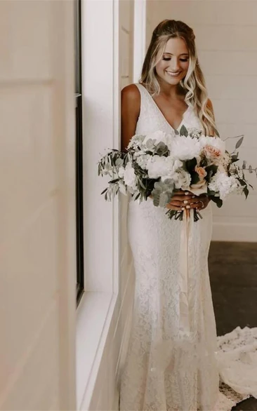 Simple Lace V-Neck Sleeveless Deep-V Back Wedding Dress