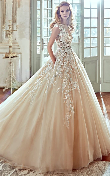 champagne Bateau Cap-sleeve Wedding Gown With Appliques And Chapel Train