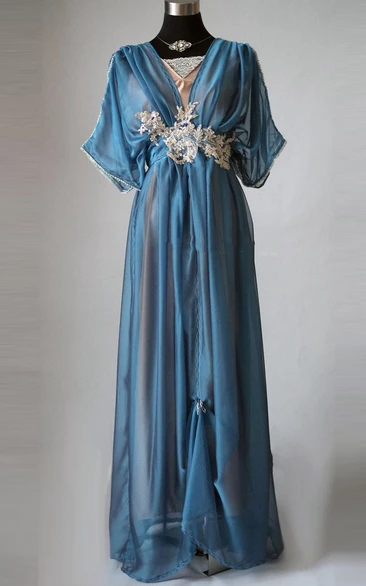Two-tone Poet-sleeve long Dress With Appliques And bow