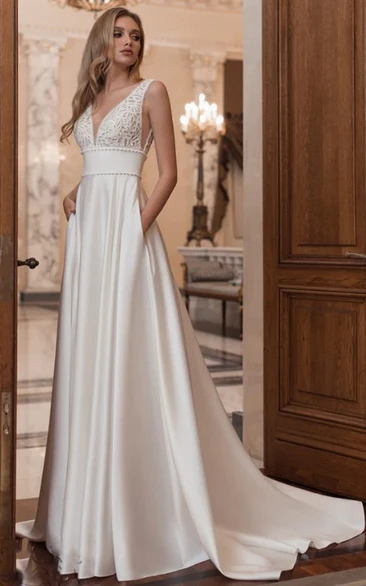 Satin Empire A-line Elegant Wedding Dress with Lace Top and Beaded Waist