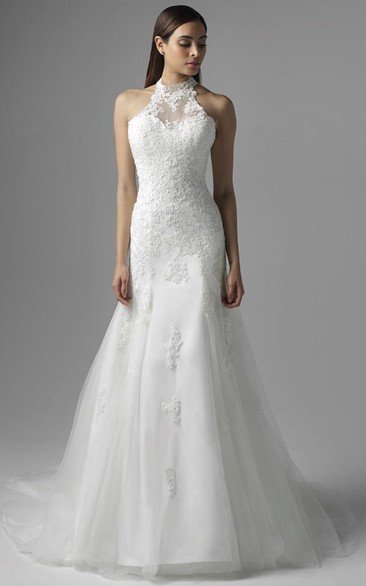 A-line High Neck Sleeveless Floor-length Lace Wedding Dress with Illusion and Appliques