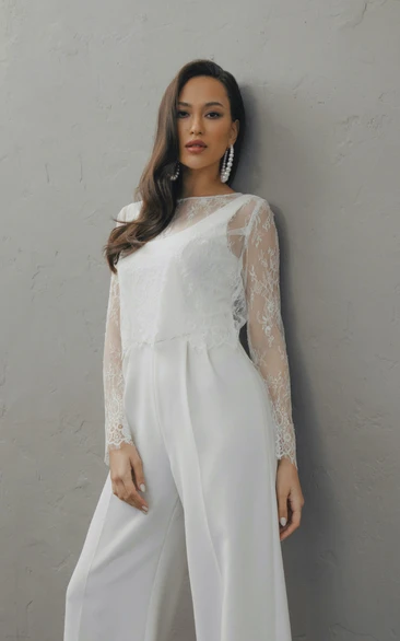 Elopment Ethereal Illusion Lace Long Sleeve Wedding Jumpsuit with Back Draping
