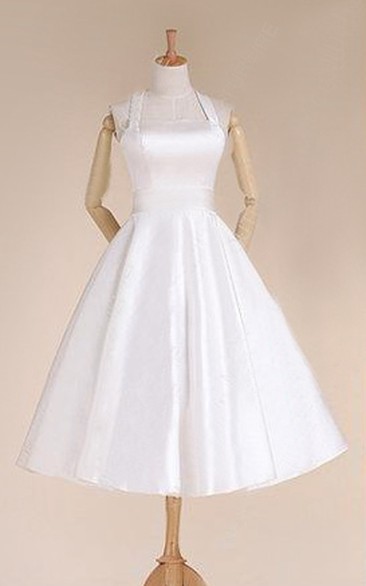 Halter Empire Tea-Length Satin Wedding Dress With Sash And Lace-Up Back