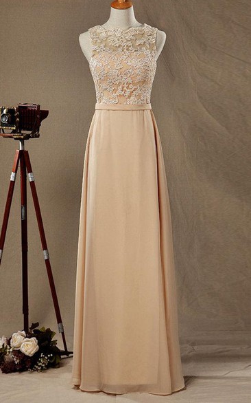 Bateau Sleeveless Floor-length Dress With Lace top And Deep-V Back
