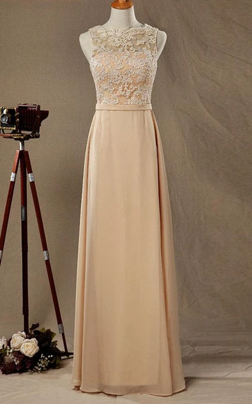 Bateau Sleeveless Floor-length Dress With Lace top And Deep-V Back